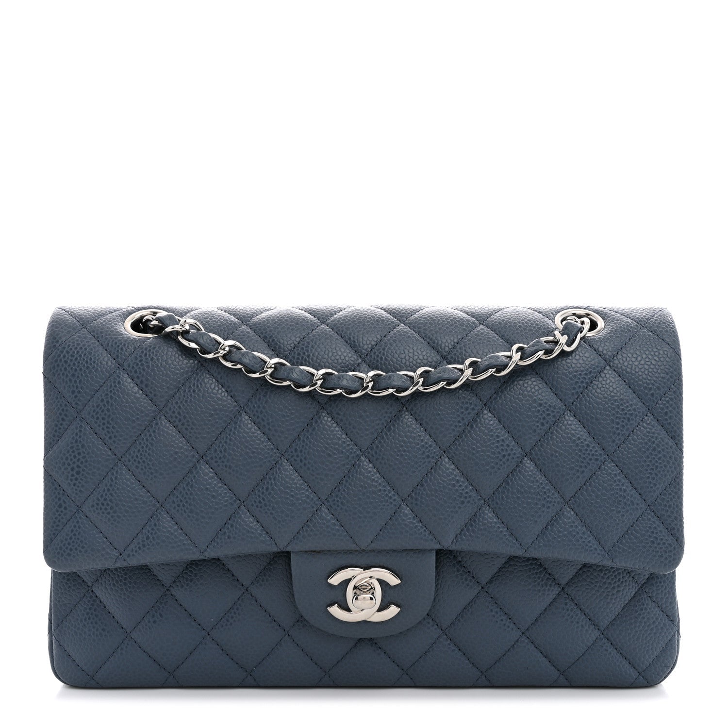 Caviar Quilted Medium Double Flap Blue