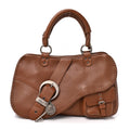 Pebbled Calfskin Braided Gaucho Saddle Handle Bag Brown