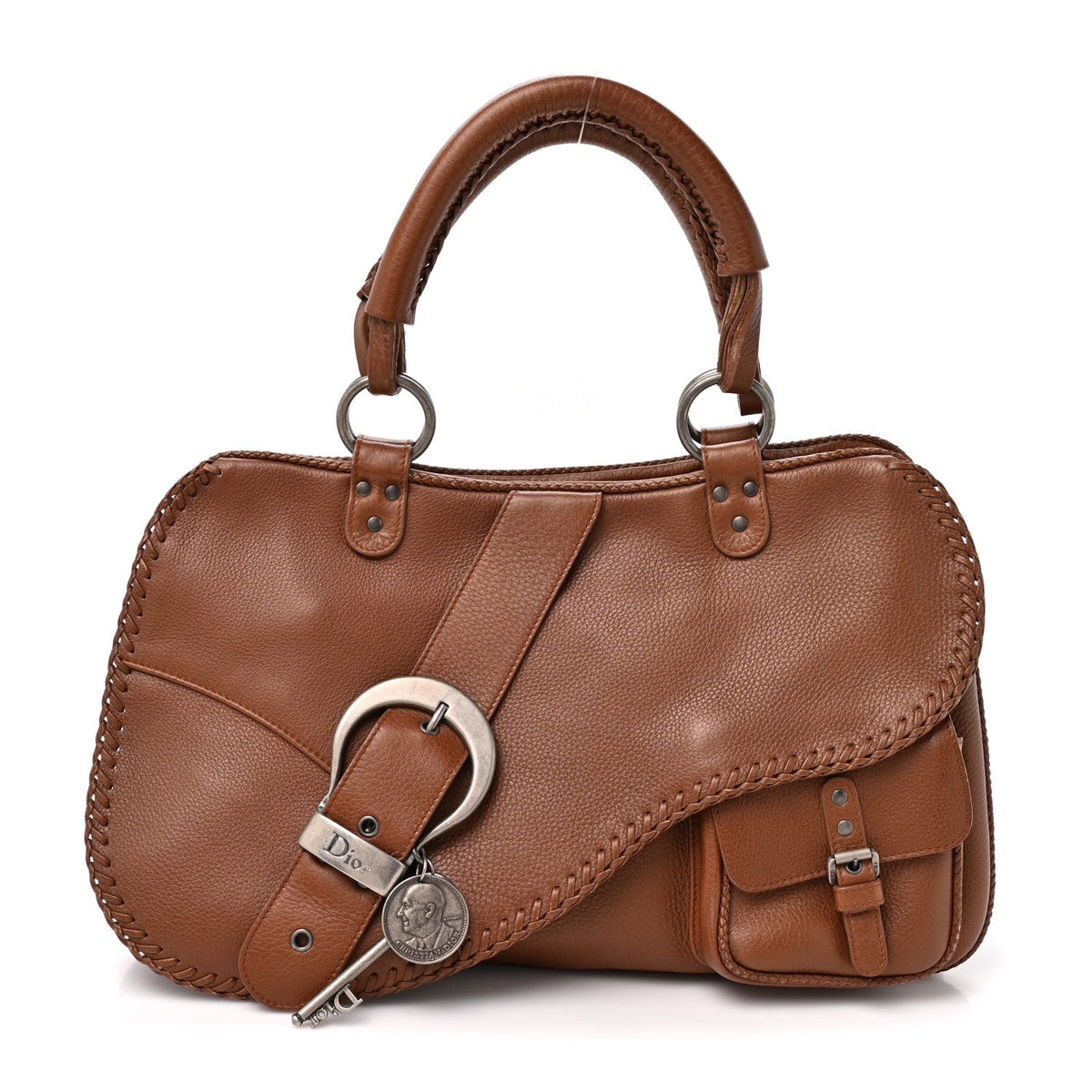 Pebbled Calfskin Braided Gaucho Saddle Handle Bag Brown