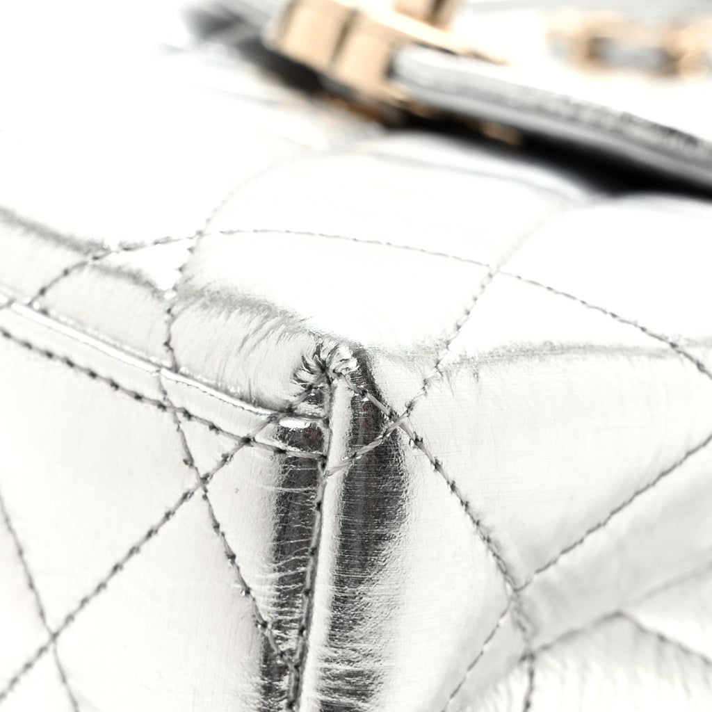 Metallic Aged Calfskin Quilted Nano Kelly Shopper Silvery