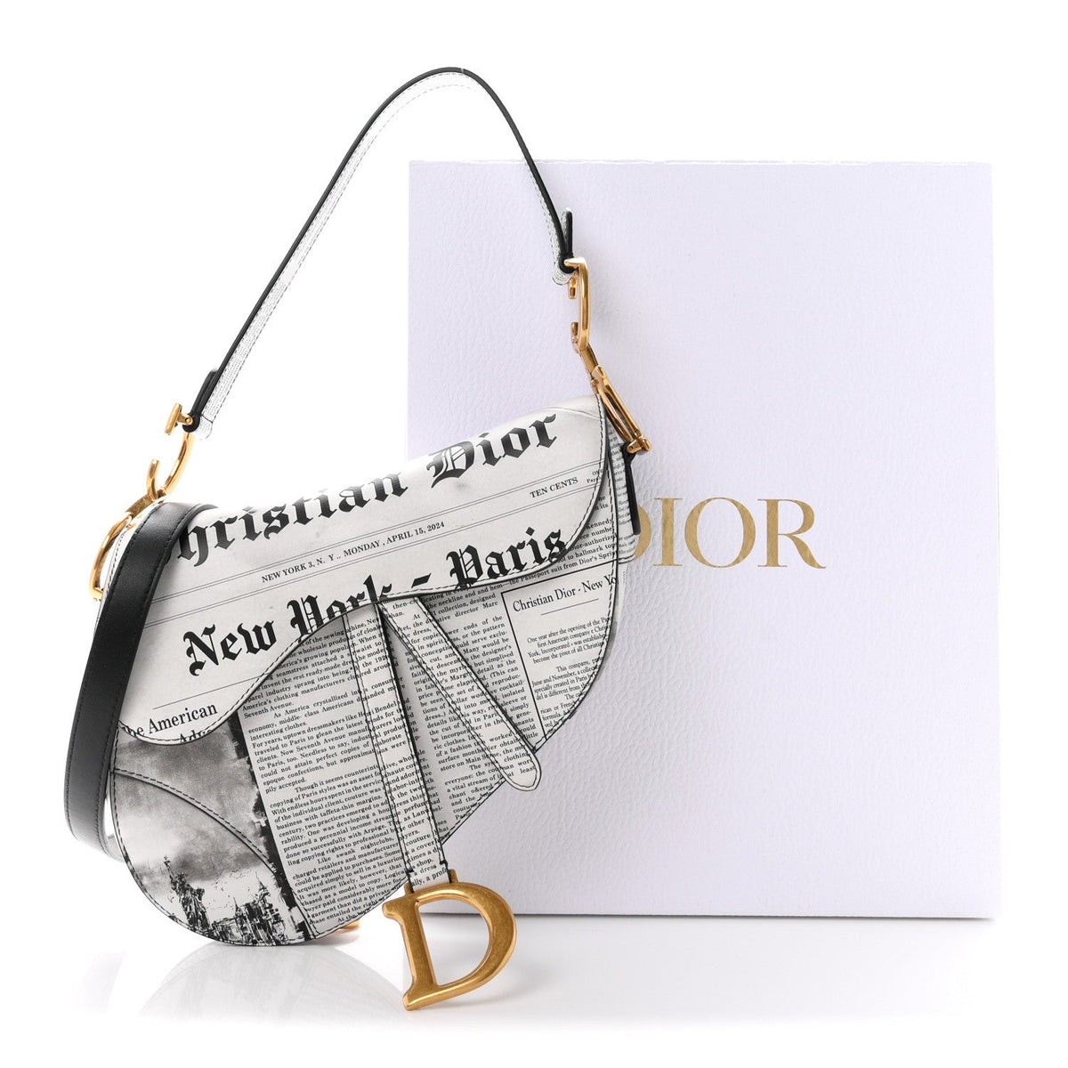 Calfskin Newspaper Printed Saddle Bag With Strap Black White