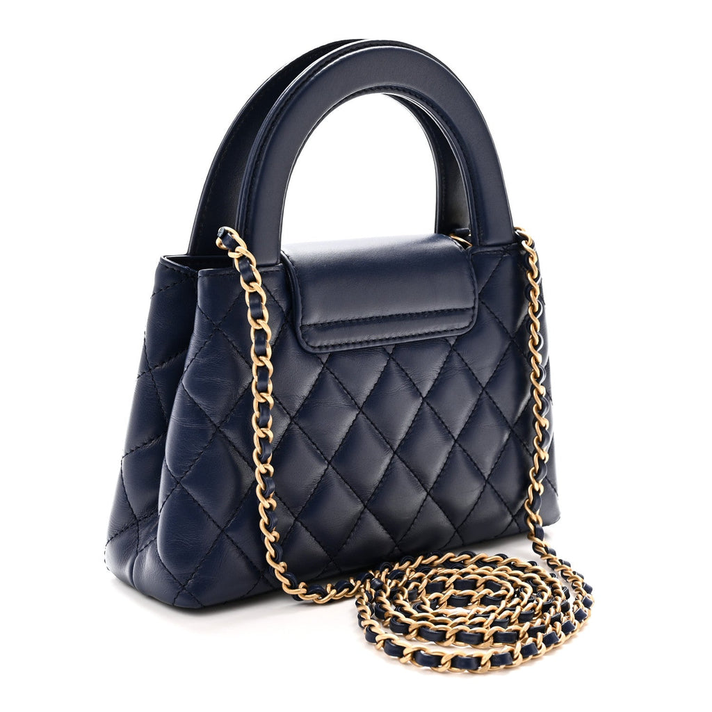 Shiny Aged Calfskin Quilted Nano Kelly Shopper Dark Blue