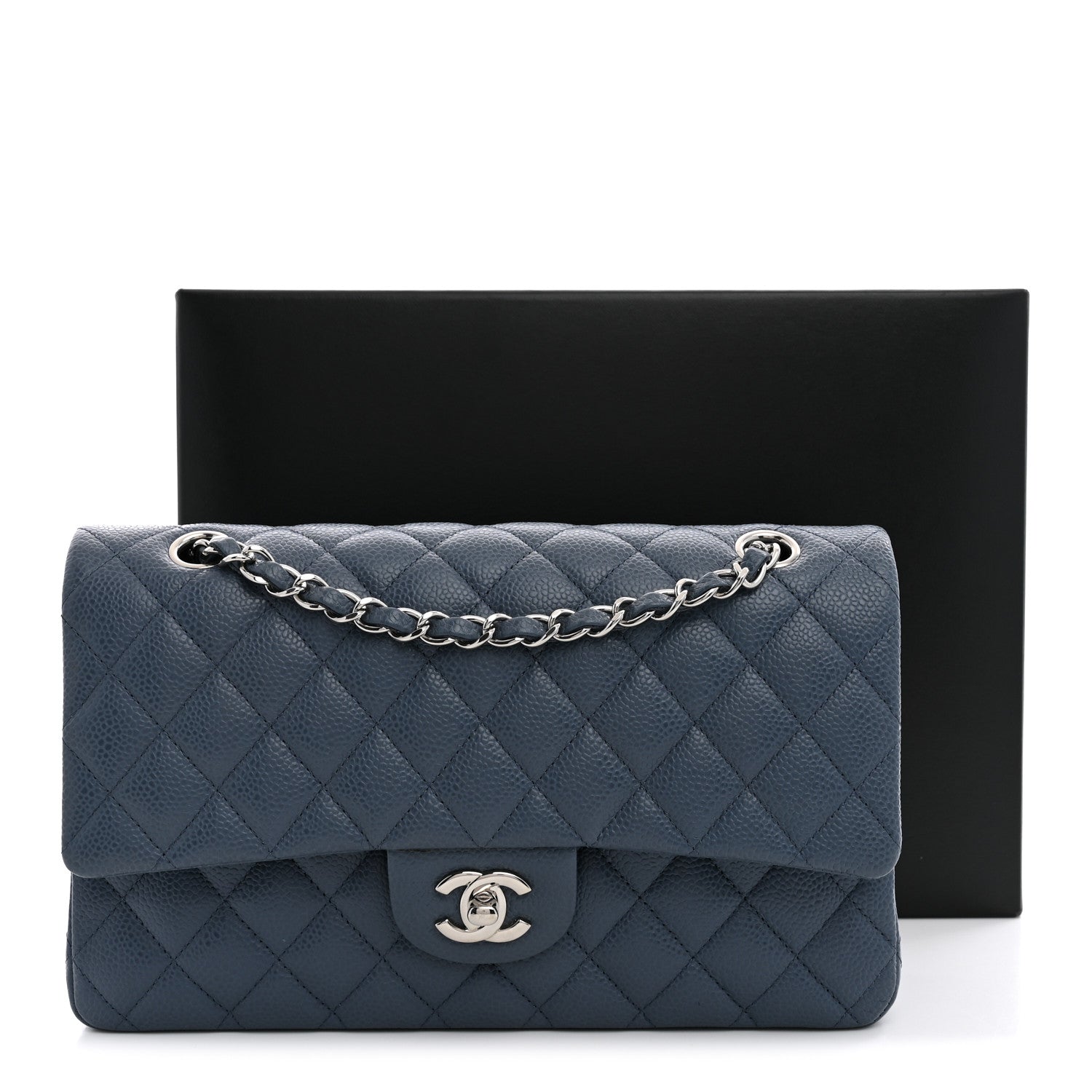 Caviar Quilted Medium Double Flap Blue