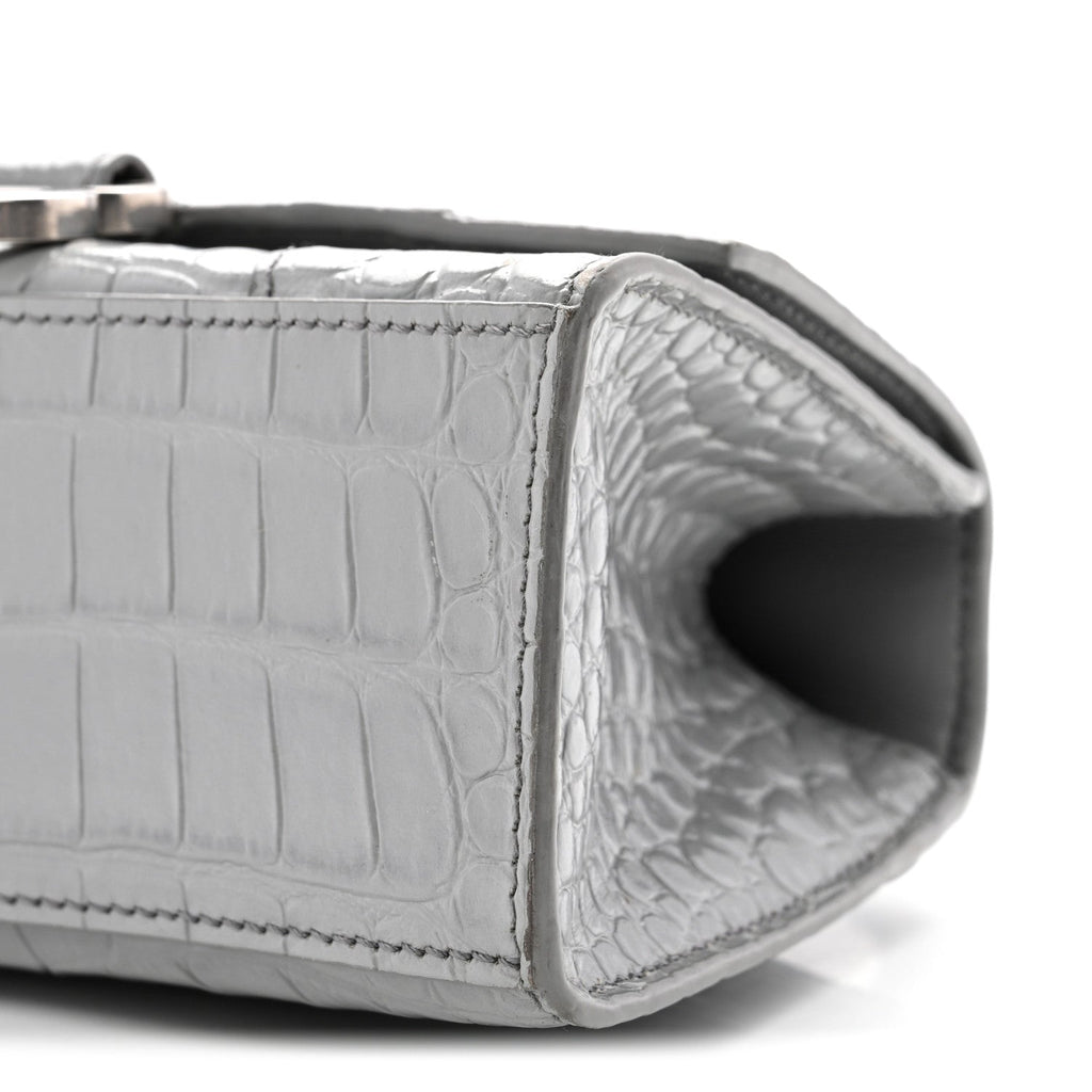 Shiny Calfskin Crocodile Embossed Hourglass Top Handle Bag XS Balenciaga Grey