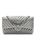 Metallic Caviar Chevron Quilted Medium Double Flap Silver