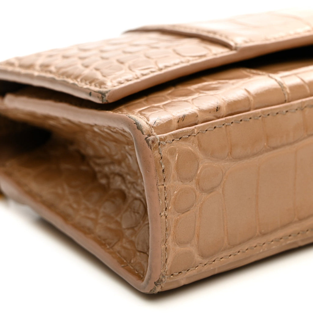 Shiny Calfskin Crocodile Embossed Hourglass Chain Bag Nude Beige