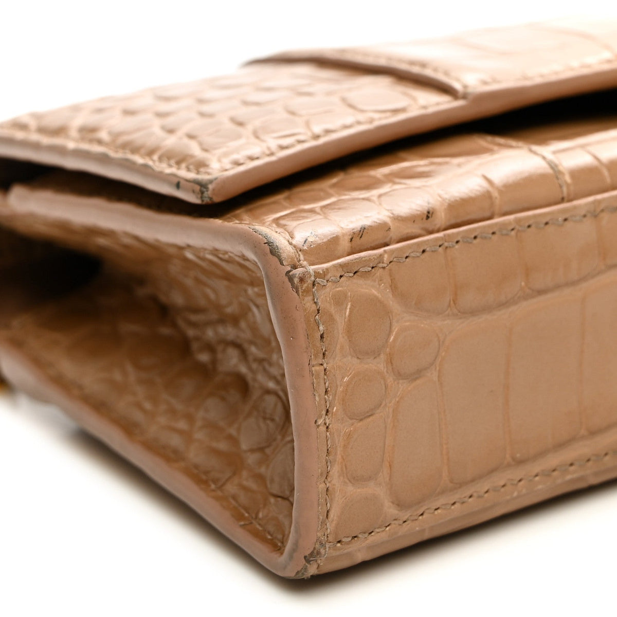 Shiny Calfskin Crocodile Embossed Hourglass Chain Bag Nude Beige