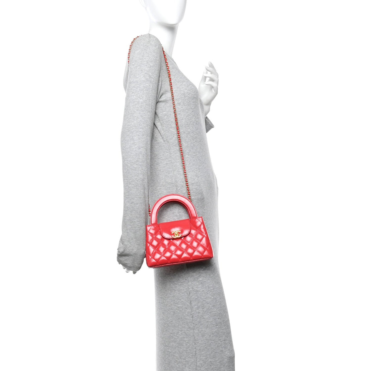 Shiny Aged Calfskin Quilted Nano Kelly Shopper Red