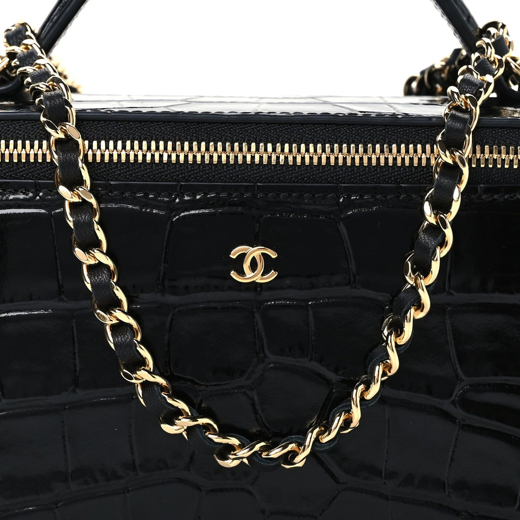Calfskin Crocodile Embossed Crococo Small Top Handle Vanity Case With Chain Black