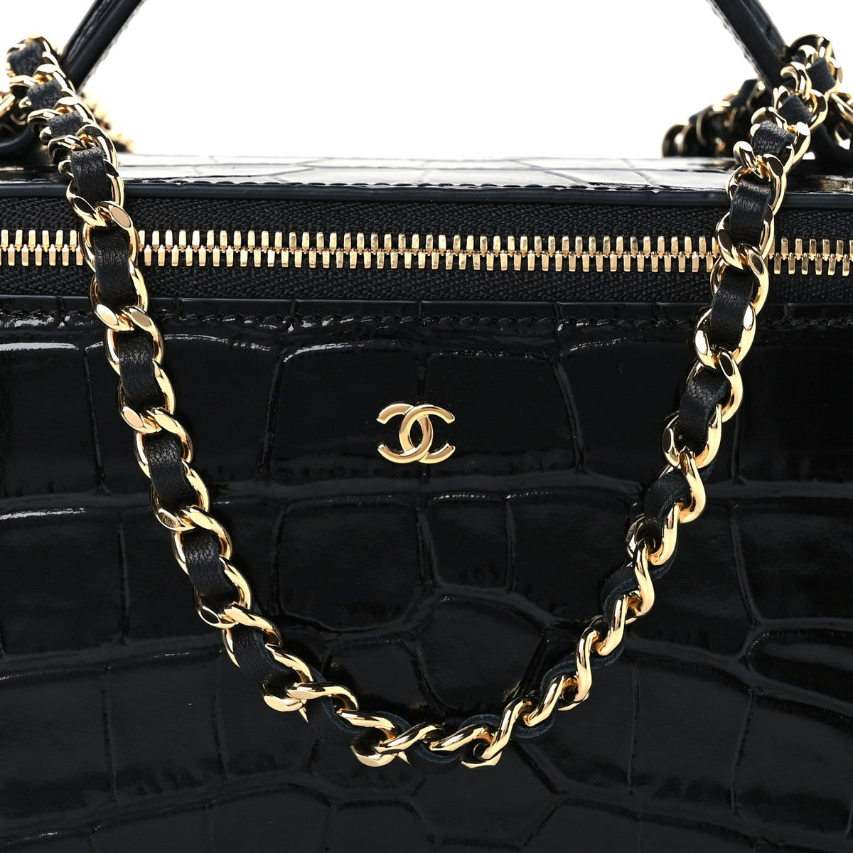 Calfskin Crocodile Embossed Crococo Small Top Handle Vanity Case With Chain Black