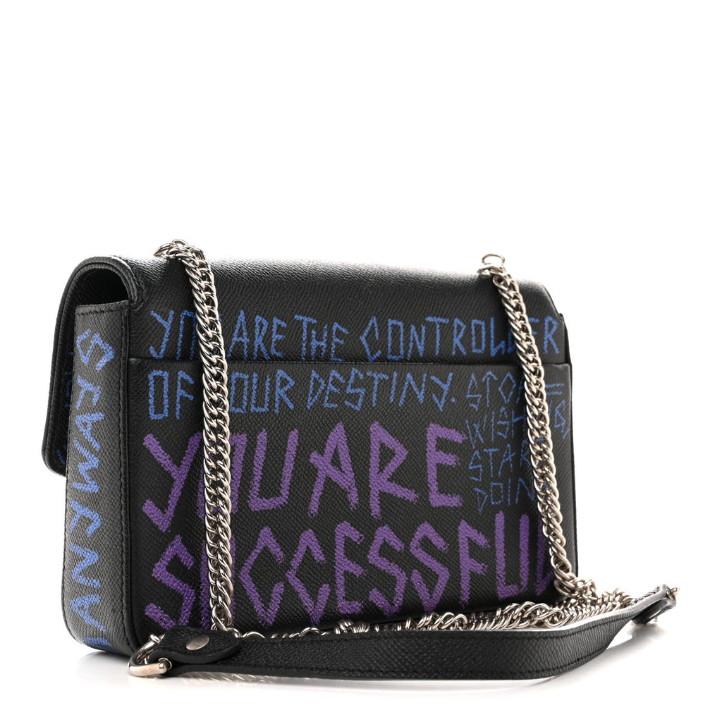 Grained Calfskin Graffiti BB Chain Wallet Black Bleu Violet