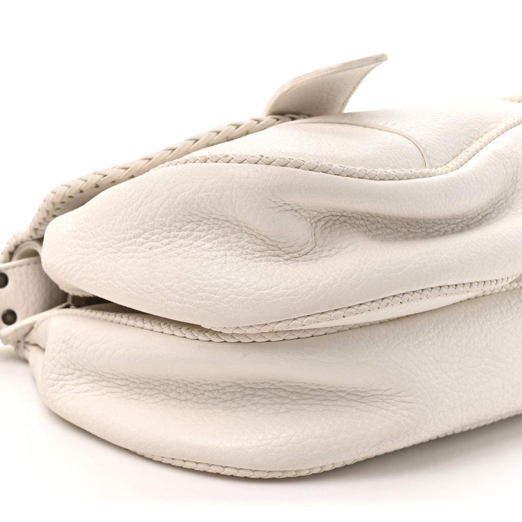 Pebbled Calfskin Braided Gaucho Double Saddle Flap Bag White