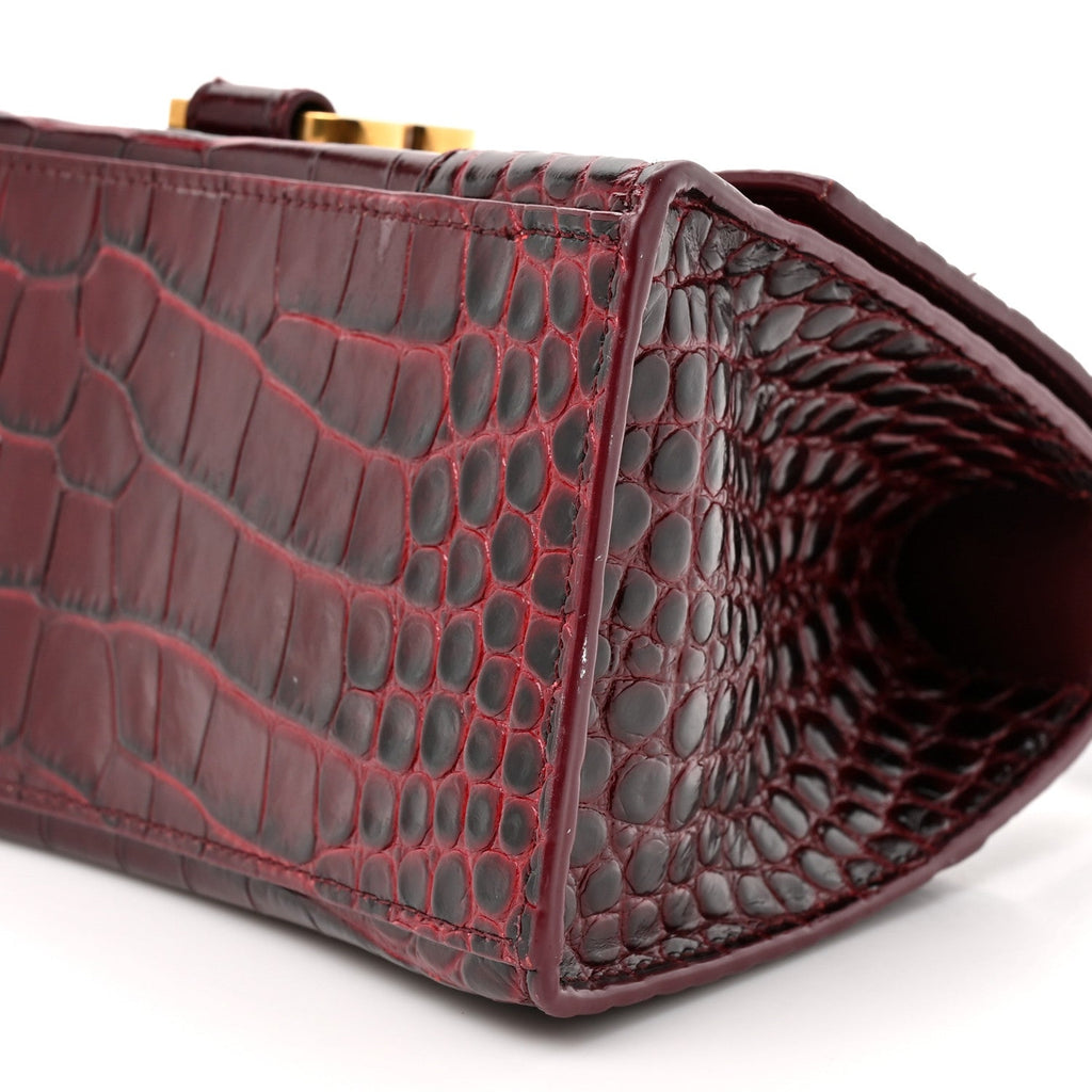 Shiny Calfskin Crocodile Embossed Small Hourglass Top Handle Bag Dark Red