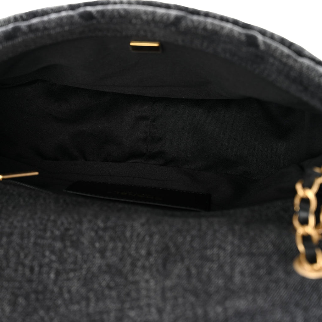 Washed Denim Quilted Large Flap Bag Black